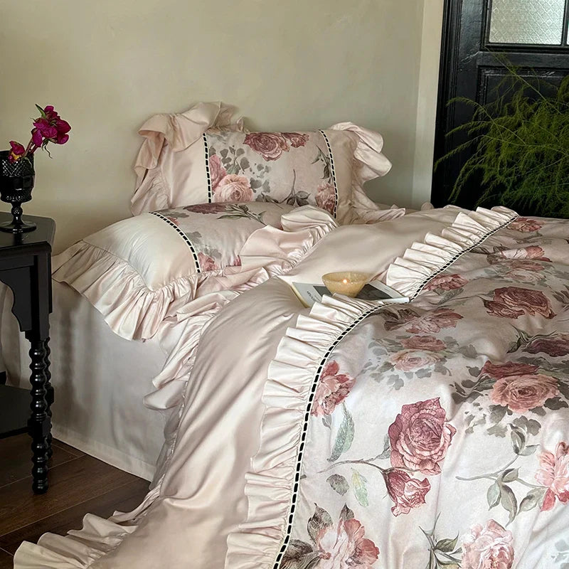 Afralia™ Rose Ruffles Bedding Set in Egyptian Cotton - Double Queen King Sizes