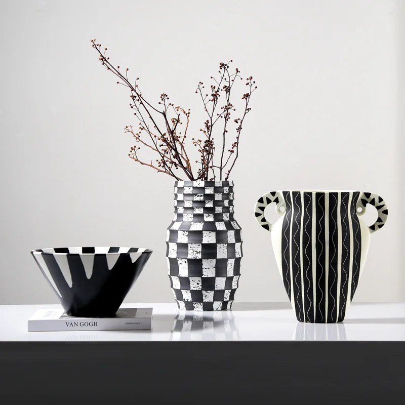 Afralia™ Black Check Geometric Striped Ceramic Vase - Handcrafted Floral Arrangement Pot