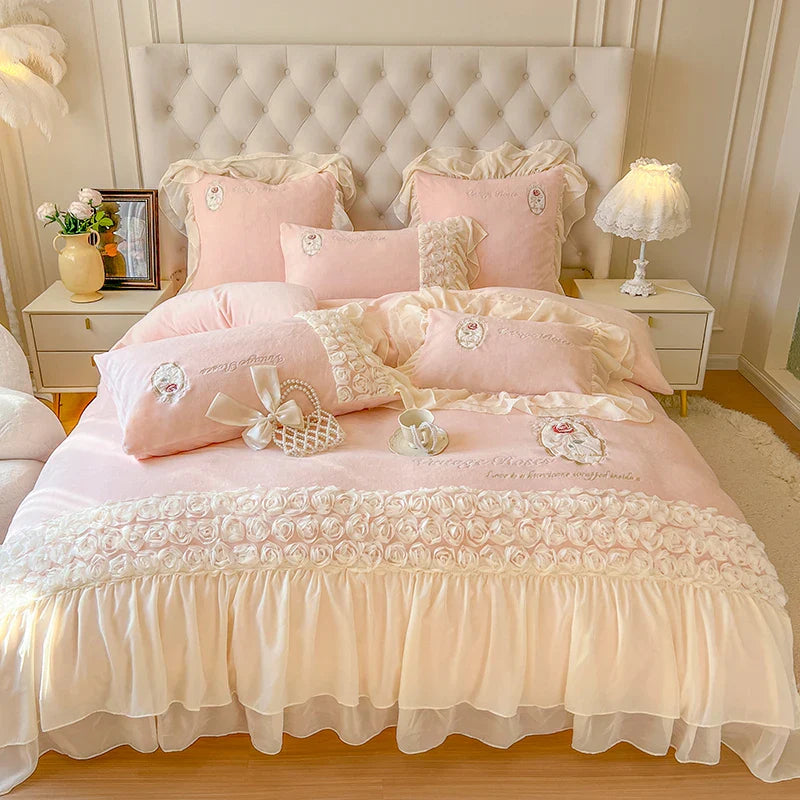 Afralia™ Pink French Rose Velvet Bedding Set with Lace Ruffles & Flowers Embroidery