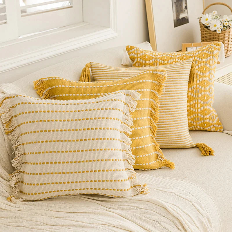 Afralia™ Geometric Tufted Cushion Cover with Crochet Tassels - Nordic Yellow Striped Pillow Cover