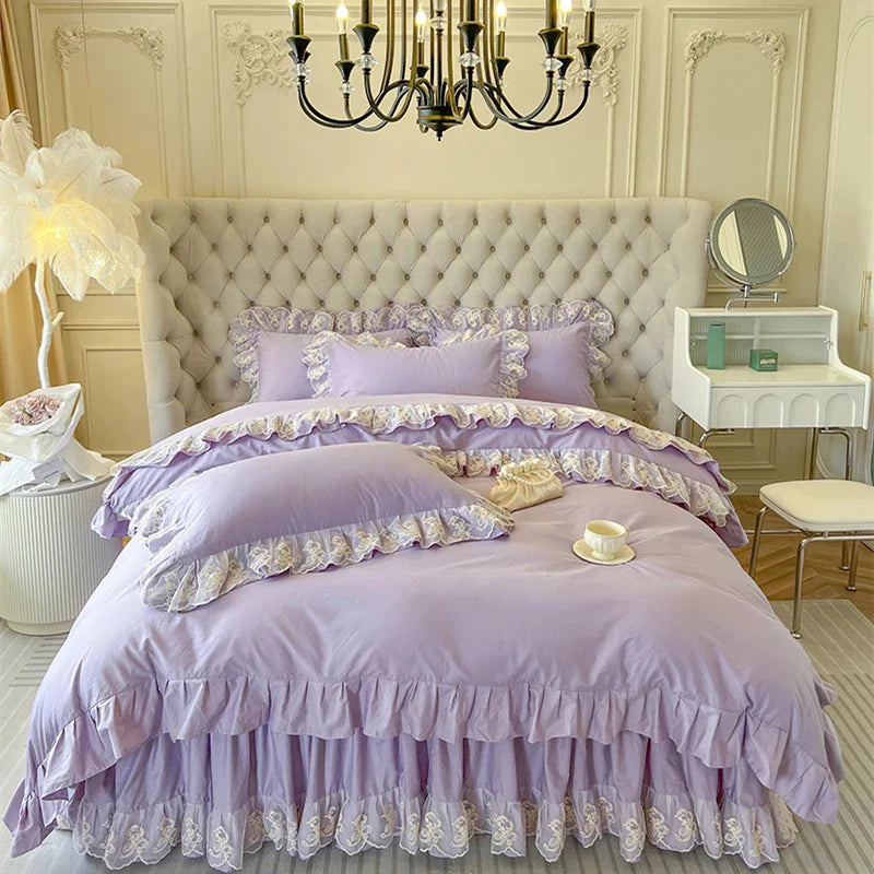 Afralia™ Korean Princess Lace Ruffles Bedding Set in Bean Paste Pink