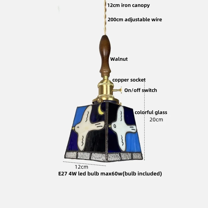 Afralia™ Peace Dove Tiffany Style Glass Pendant Lamp with LED, Copper Knob Switch