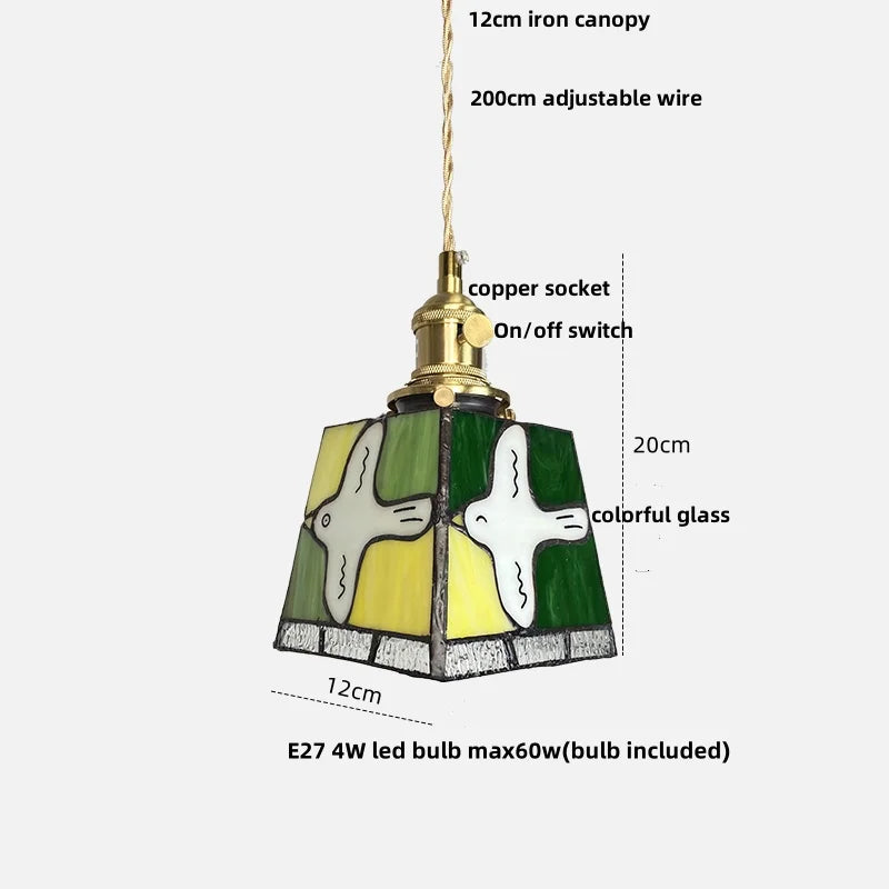 Afralia™ Peace Dove Tiffany Style LED Pendant Lamp - Colorful Glass, Copper Knob Switch