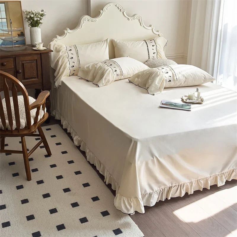 Afralia™ Rose Flowers Embroidery Lace Ruffles Princess Bedding Set with Egyptian Cotton