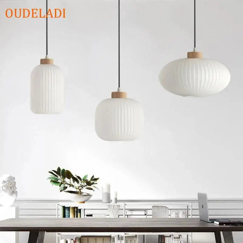 Afralia™ White Glass Pendant Lights for Kitchen Bedroom Dinning Room, Nordic Wooded Hanging Lamps