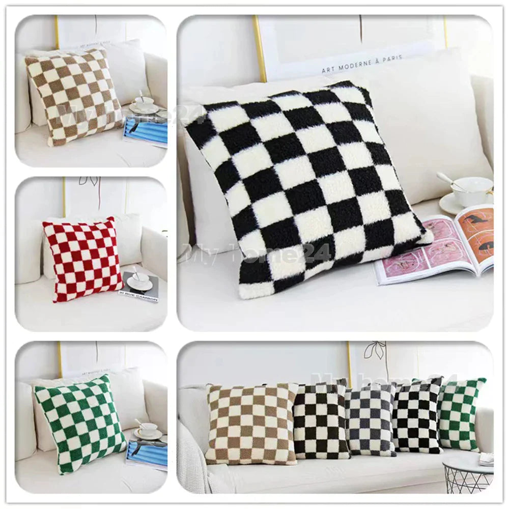 Afralia™ Checkerboard Plaid Plush Knitted Cushion Cover | Short Fleece Throw Pillowcase