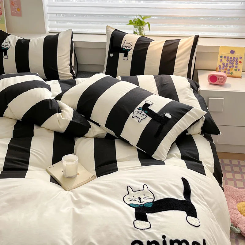 Afralia™ Cat Embroidery Stripes Bedding Set - Single Queen Size Bedclothes