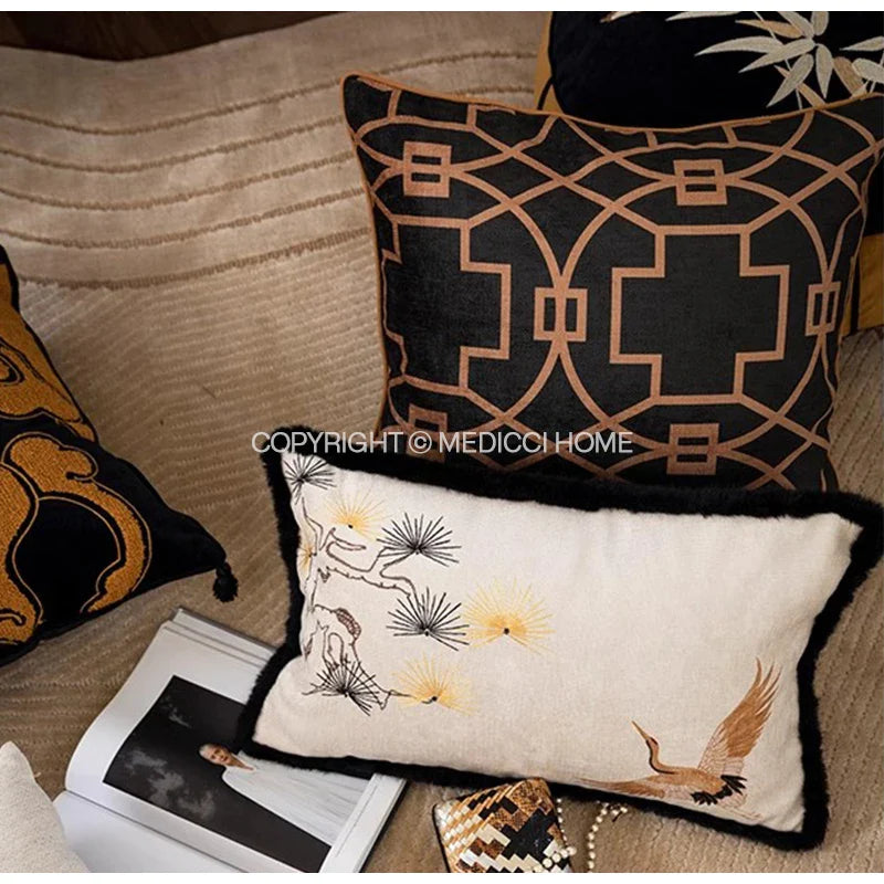 Afralia™ Exotic Crane Art Deco Pillow Cover - Nine Nights Auspicious Design