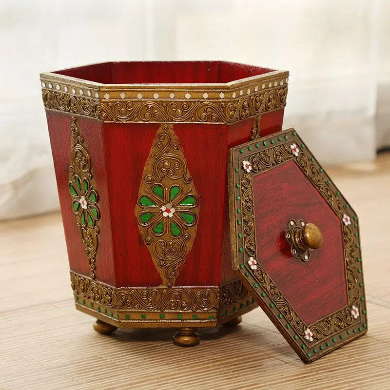 Afralia™ Wood Lid Trash Can Large Bedroom Kitchen Living Room Waste Bin