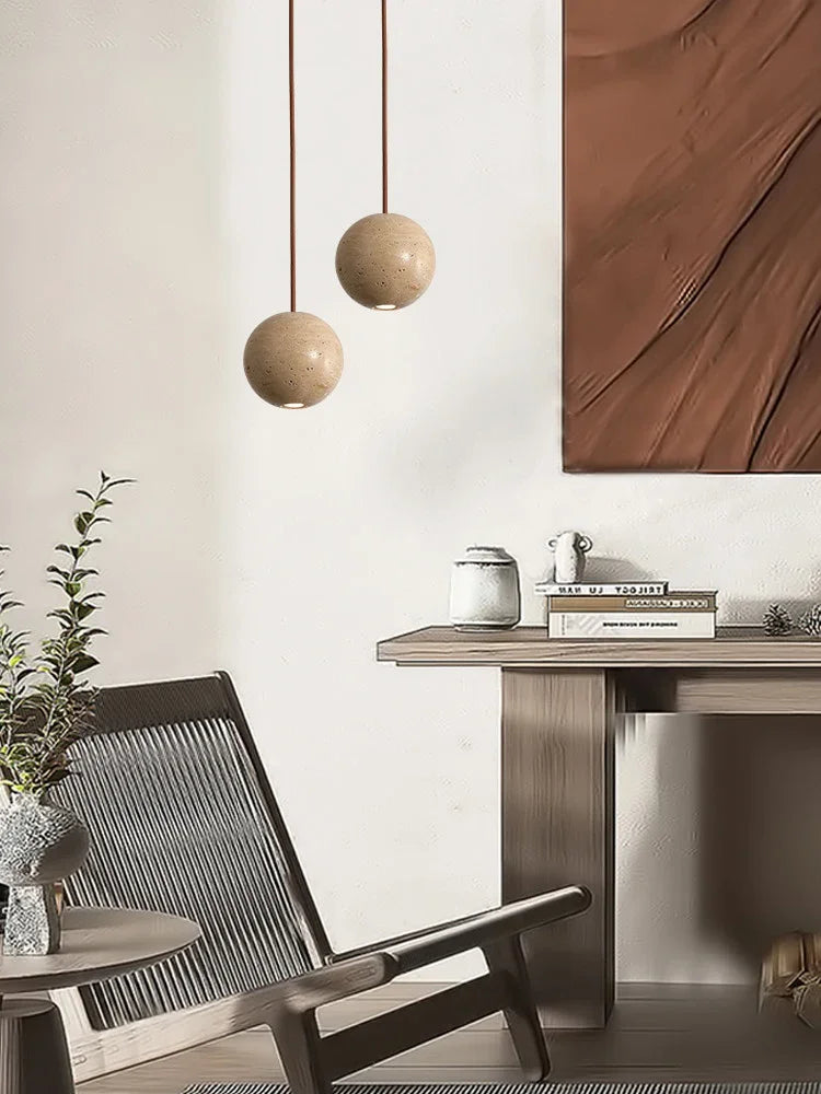 Afralia™ Small Round LED Pendant Stone Yellow Travertine Chandelier - Minimalism Hanging Line Lighting