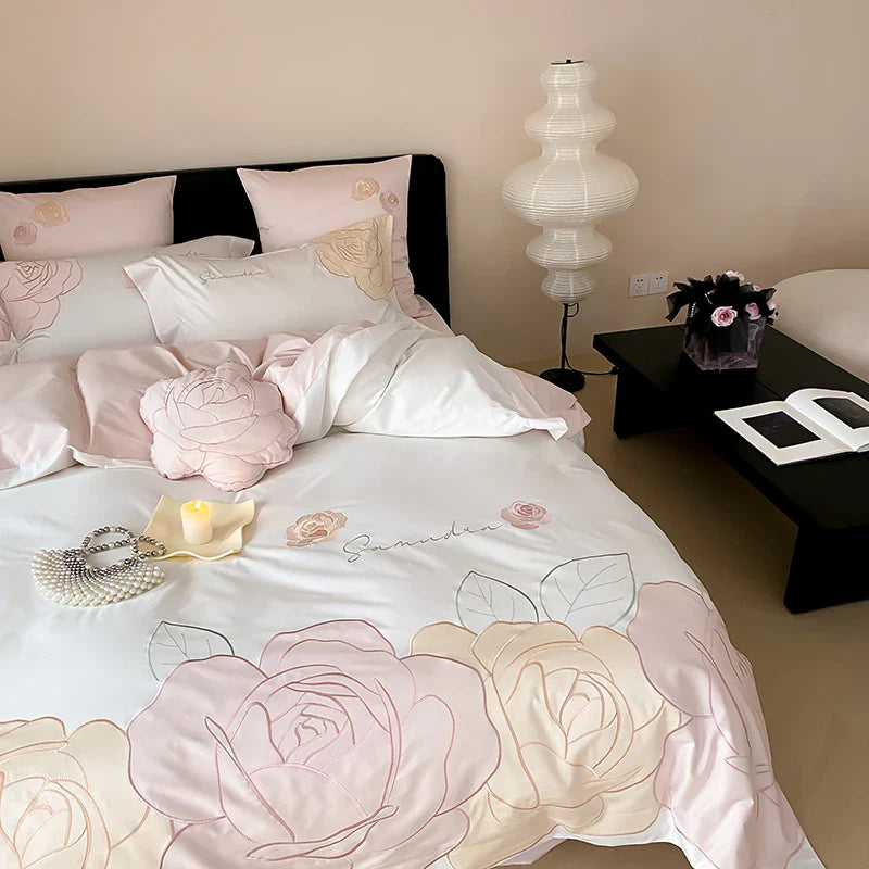Afralia™ Luxury Rose Flowers Embroidery Bedding Set 1000TC Egyptian Cotton Duvet Cover Set