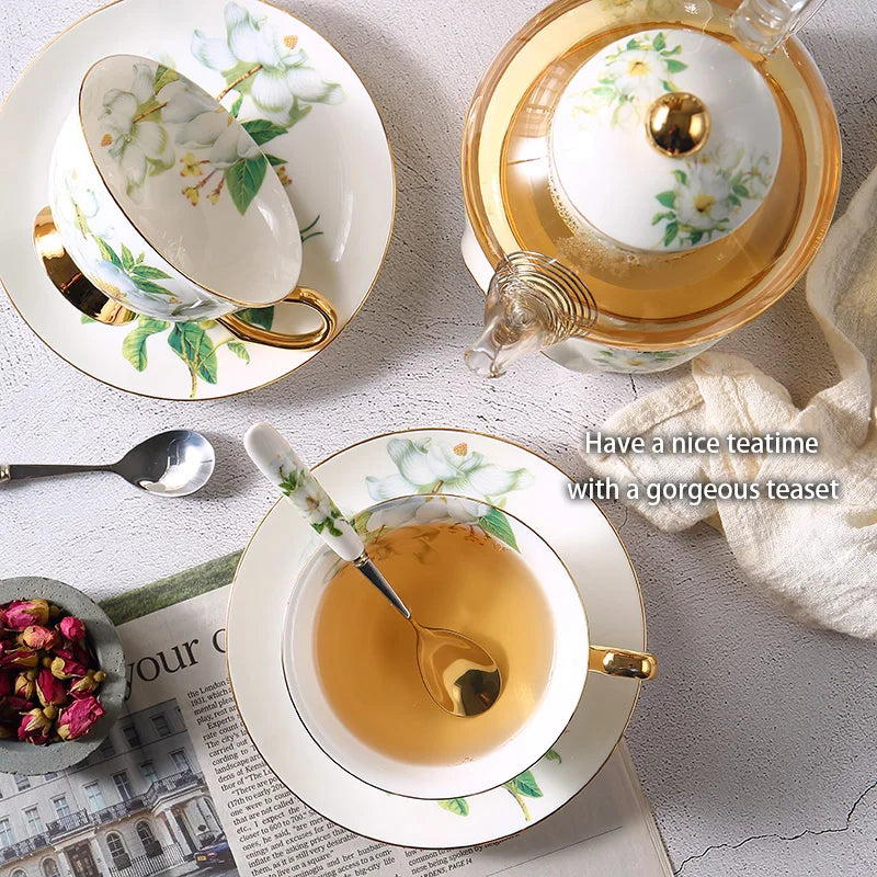 Afralia™ Camellia Floral Tea Set Bone China Glass Teapot & Ceramic Teacup Pot Strainer