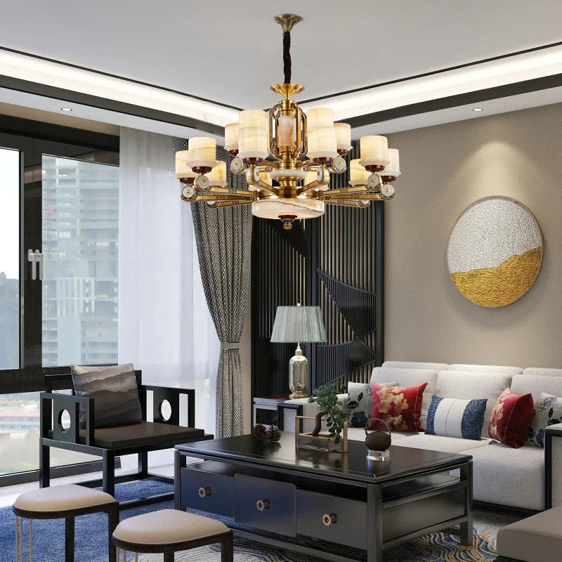 Afralia™ All Copper Jade Chandelier, Modern Chinese Style for Living Room, Bedroom, Dining Room.