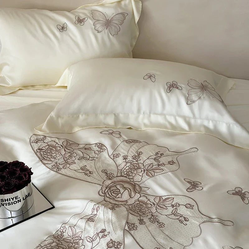 Afralia™ Butterfly Flowers Embroidery 800TC Eucalyptus Fiber Bedding Set