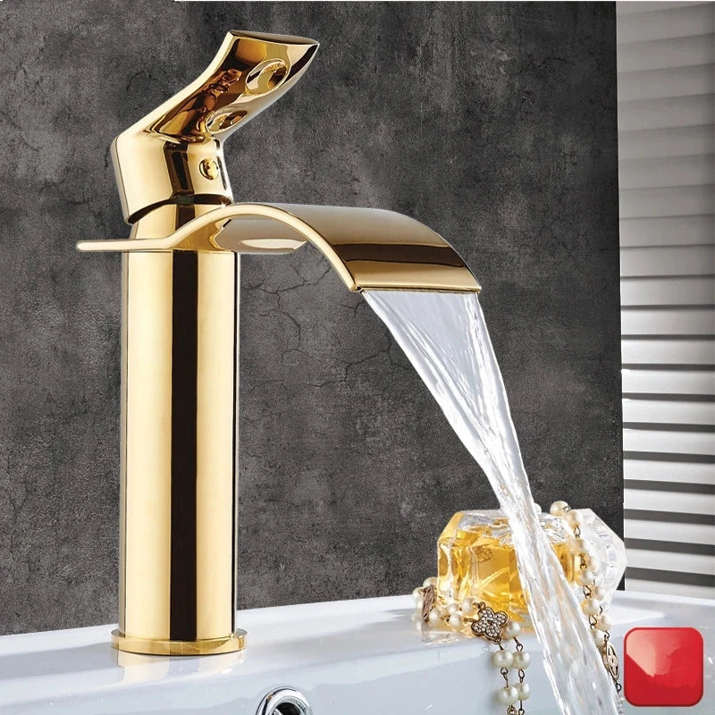 Afralia™ Gold Waterfall Bathroom Faucet Single Handle Basin Mixer Tap Brass Sink Crane