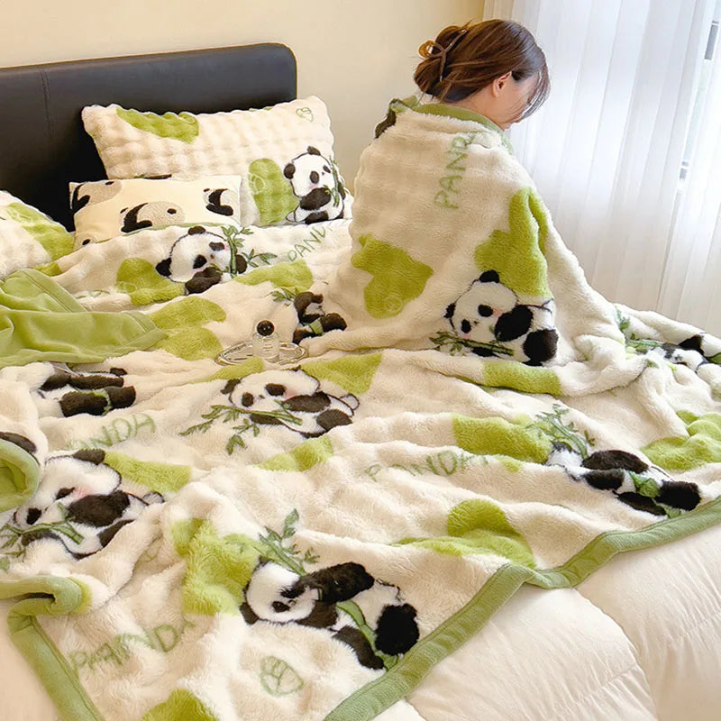 Afralia™ Cartoon Printed Faux Rabbit Plush Thick Blanket for Office Nap and Sofa Warmth