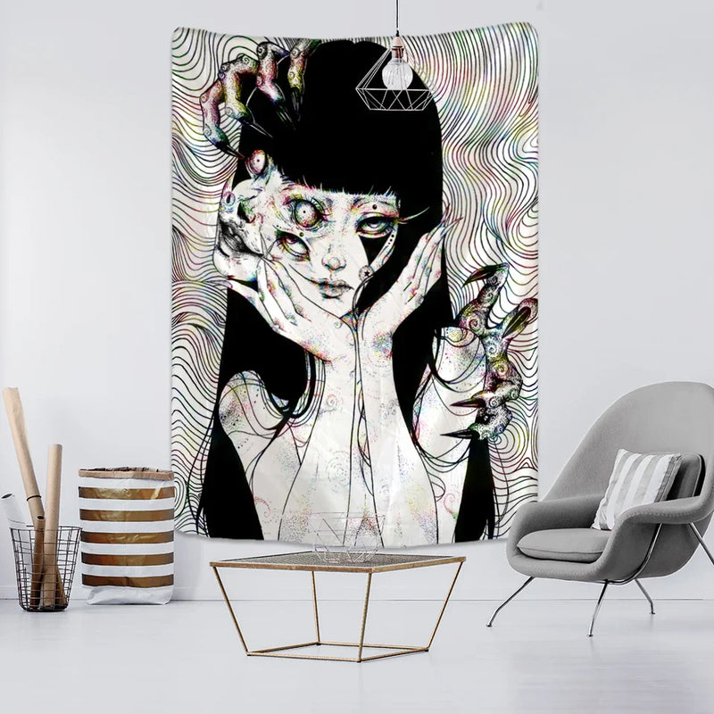 Afralia™ Mysterious Horror Anime Tapestry | Kawaii Room Decor Art Illustration