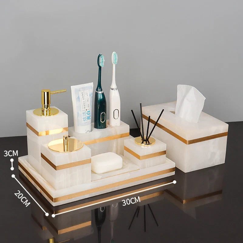 Afralia™ White Onyx Marble Bathroom Set Gold Luxury Soap Dispenser Toothbrush Holder