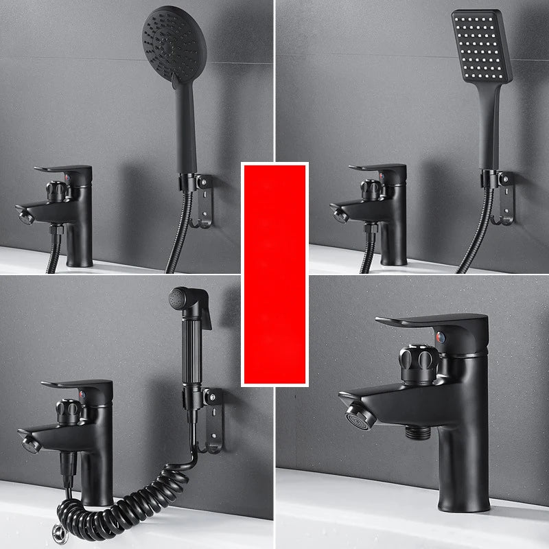 Afralia™ Black Brass Single Handle Bathroom Basin Faucet with Shower Head, Hot and Cold Mixer Tap