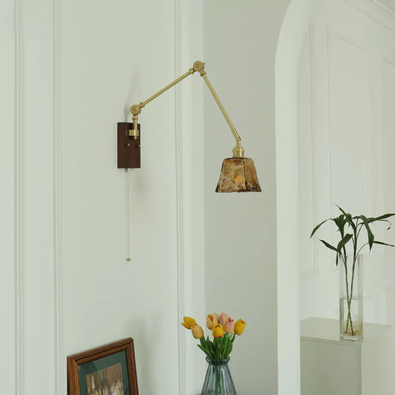 Afralia™ Wood LED Wall Light with Pull Chain Switch & Rotatable Amber Glass