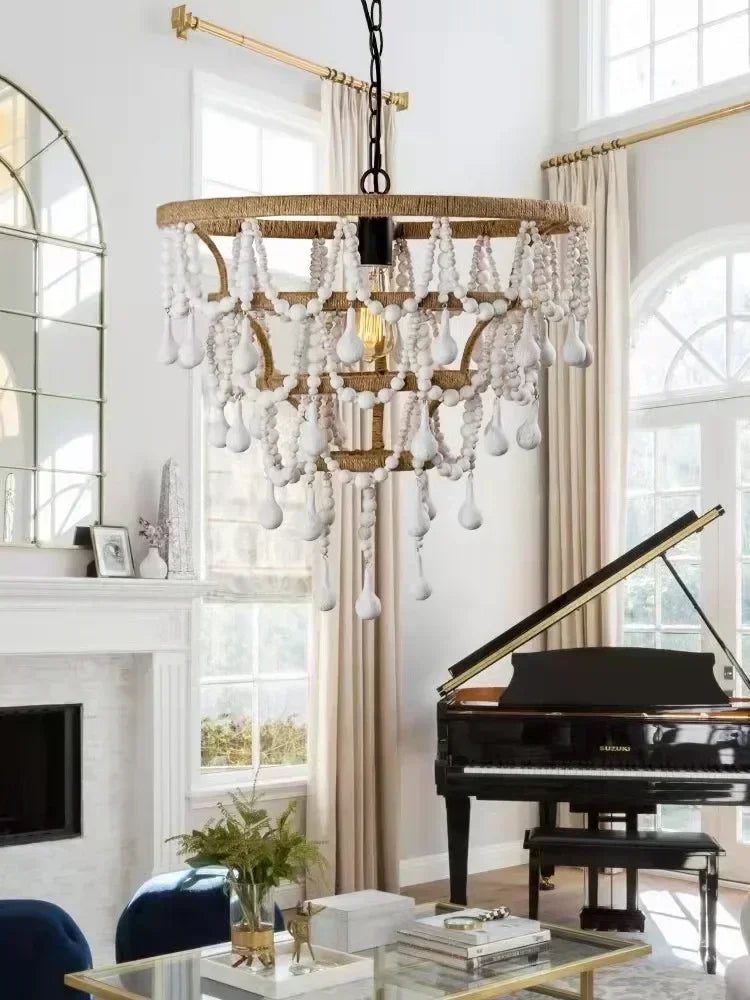 Afralia™ Wood Beads Chandeliers Bohemian Pendant Lights for Living Room and Restaurant