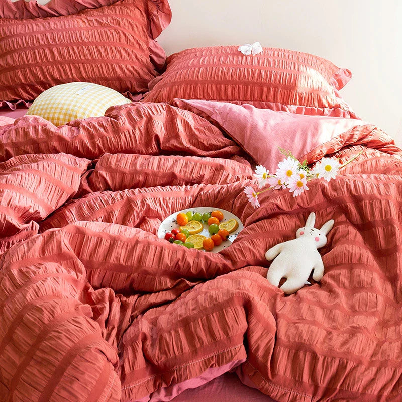 Afralia™ Princess Seersucker Kawaii Bedding Set | Lovely Ruffles Duvet Cover | Soft Comfortable Bed Sets