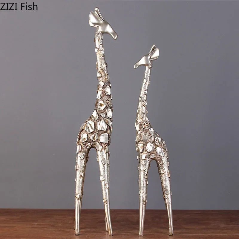 Afralia™ Silver Giraffe Sculpture Resin Crafts Room Decor