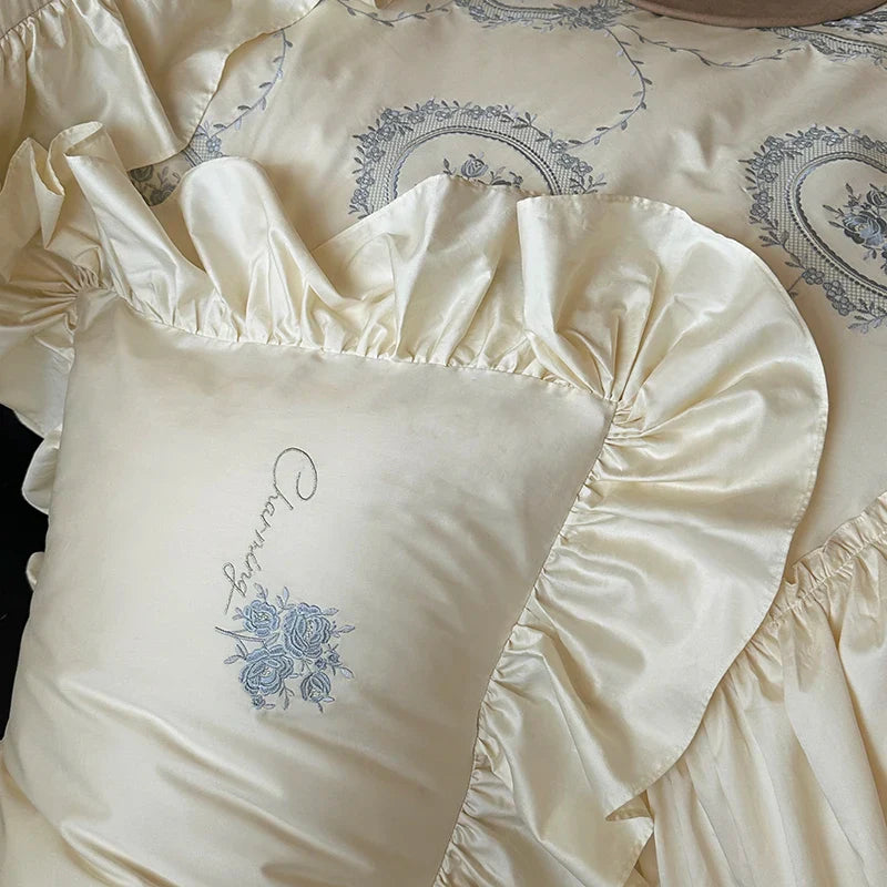 Afralia™ Rustic Rose Embroidery Bedding Set with Pleated Ruffles in Egyptian Cotton