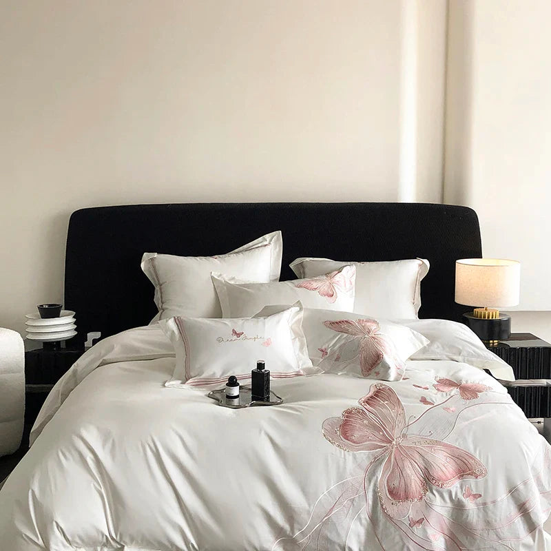 Afralia™ White Luxury Butterfly Embroidery Bedding Set - Queen King Size