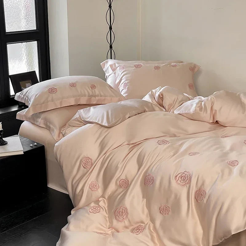 Afralia™ Pink Flower Embroidered Lyocell Bedding Set - High-end Duvet Cover Set