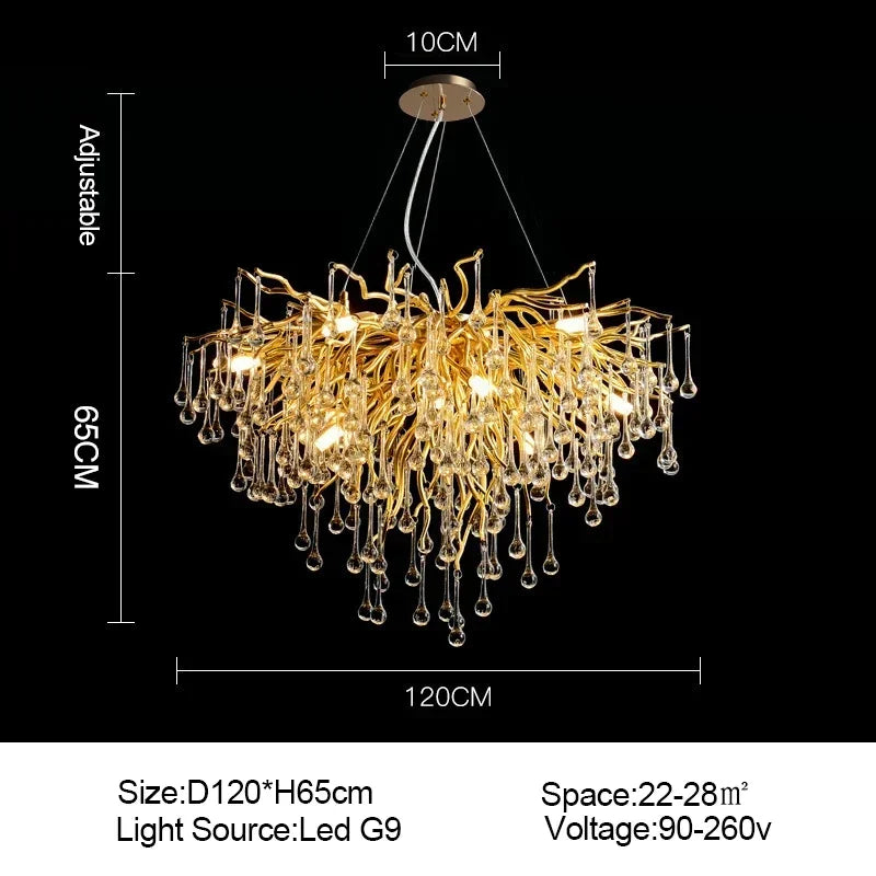Afralia™ Branch-shaped Golden Crystal Chandelier for Villa Bedroom and Living Room