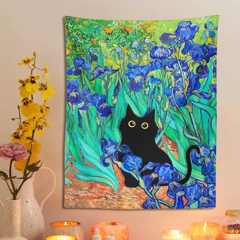 Afralia™ Irises Cat Tapestry: Van Gogh Inspired Black Cat Art & Floral Print