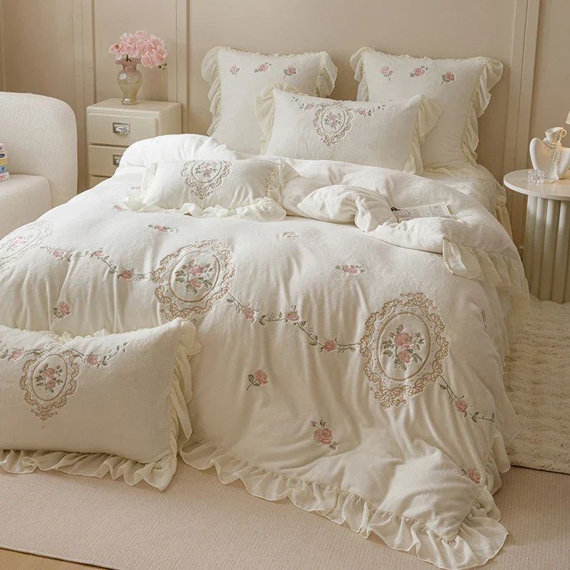 Afralia™ Velvet Rose Flowers Ruffles Princess Bedding Set with Embroidery