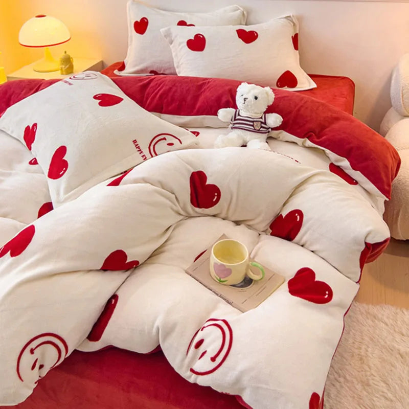 Afralia™ Winter Cartoon Crystal Velvet Bedding Set - Queen Size Warm Duvet Cover