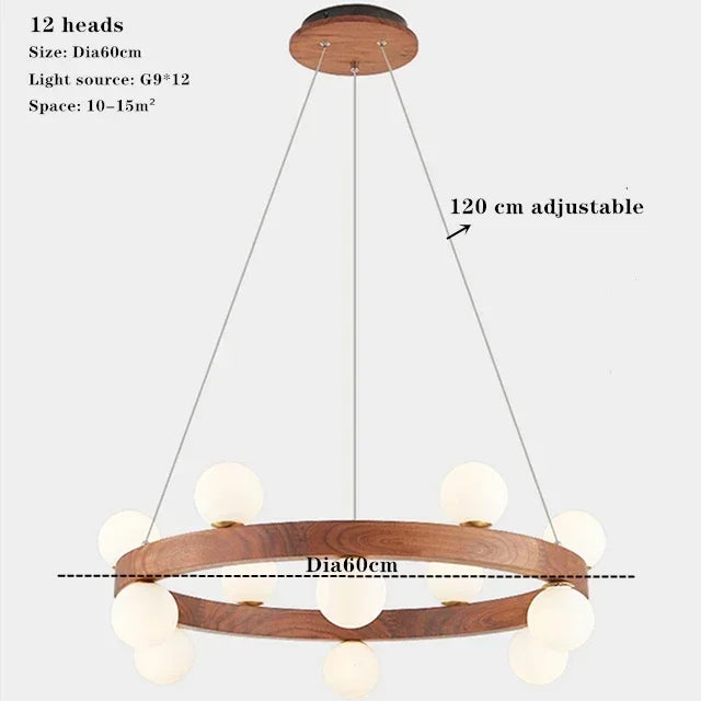 Afralia™ Round Glass Walnut Chandelier Solid Wood Pendant Light for Living Dining Bedroom