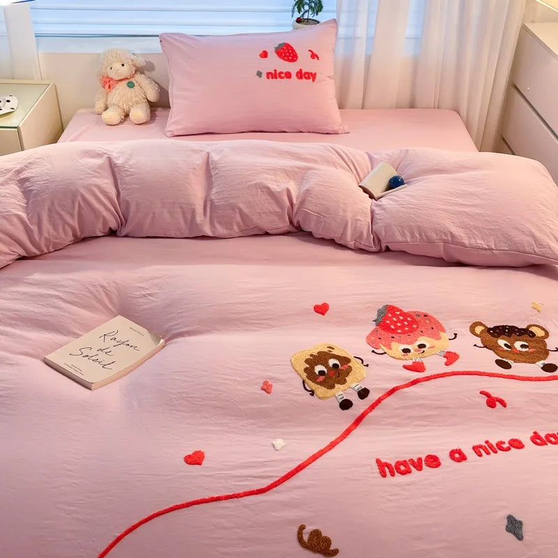 Afralia™ Cartoon Pattern Embroidered Bedding Sets: Cozy, Soft, and Breathable for Kids and Adults