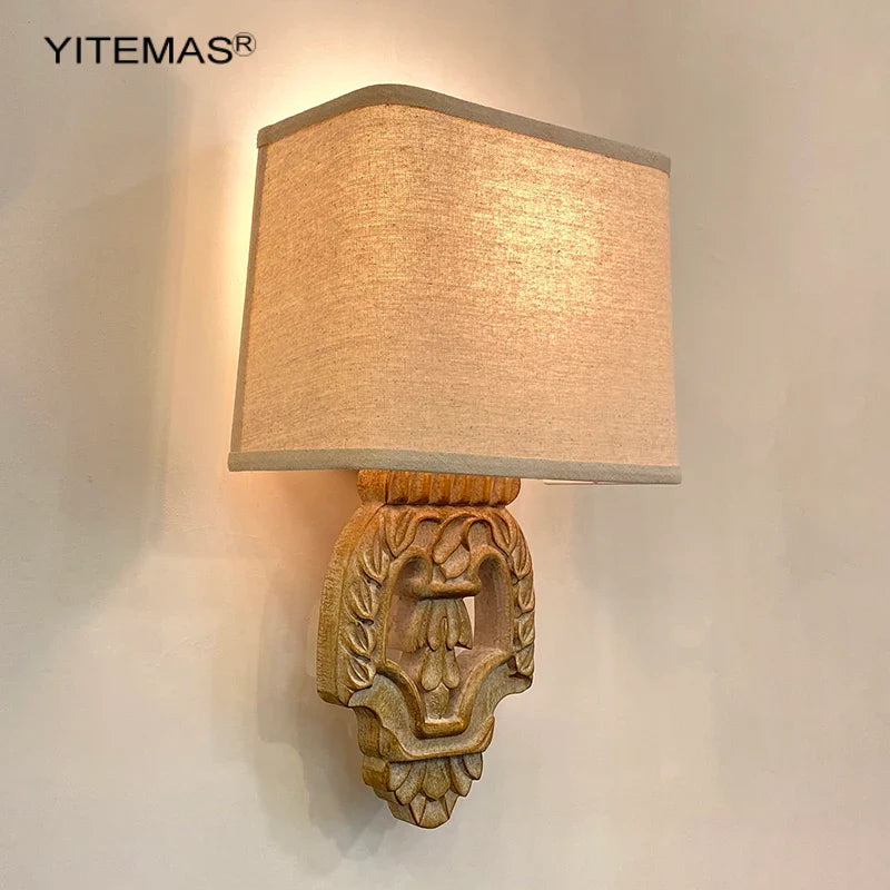 Afralia™ Vintage Wooden Fabric Shade Wall Sconce for Bedroom and Living Room