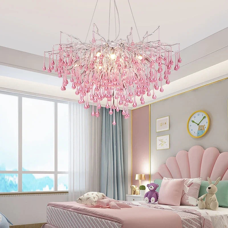 Afralia™ Pink Crystal Chandelier: Luxury Children's Room Decor Water Drop Ceiling Fixture