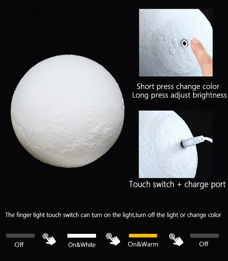 Afralia™ Moon Star Lamp: 3D Printed Touch Night Light, Rechargeable LED, Colorful Glow