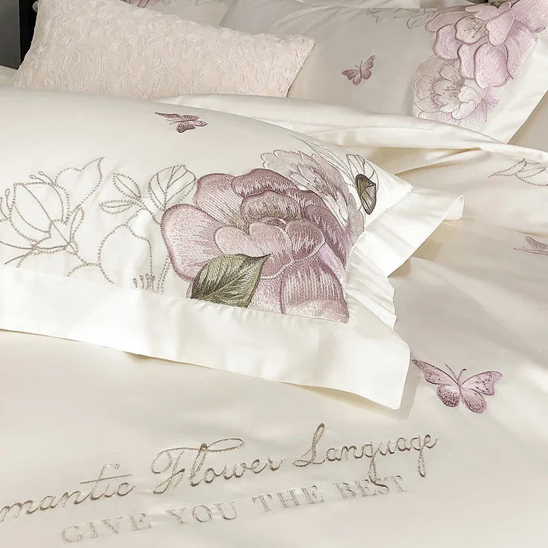 Afralia™ Butterfly Flowers Embroidery 600TC Egyptian Cotton Bedding Set: Duvet Cover, Bed Sheet, Pillowcases