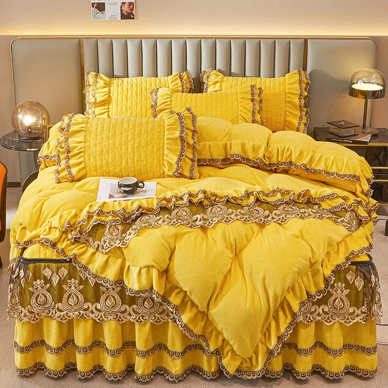 Afralia™ Velvet Bedding Set with Gold Lace Ruffles, Removable Bed Skirt & Pillowcase