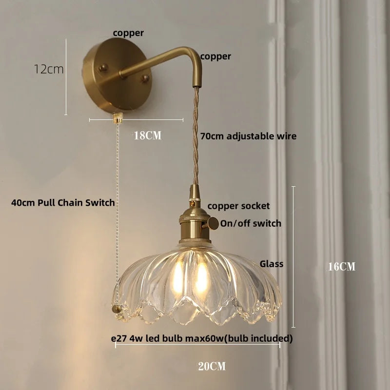 Afralia™ Glass & Copper Green Flower LED Wall Sconce with Pull Chain