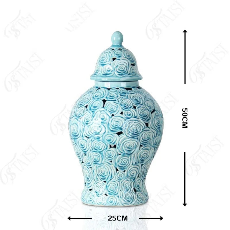 Afralia™ Checkmate Porcelain Ginger Jar with Rose Relief, Storage & Vase