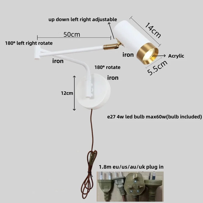 Afralia™ Rotatable LED Wall Sconce Swing Arm Light Fixture for Study and Bedside