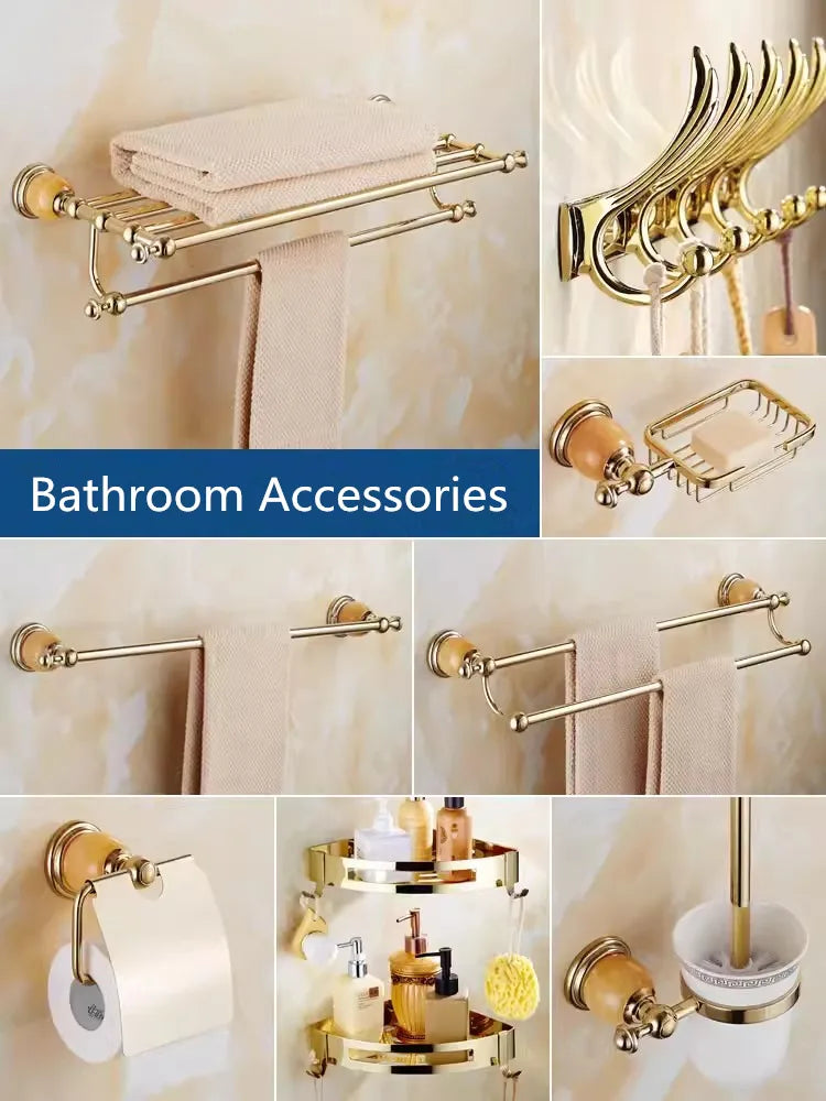 Afralia™ Brass Jade Bathroom Accessories Set: Towel Bar, Soap Holder, Towel Rack, Glass Shelf