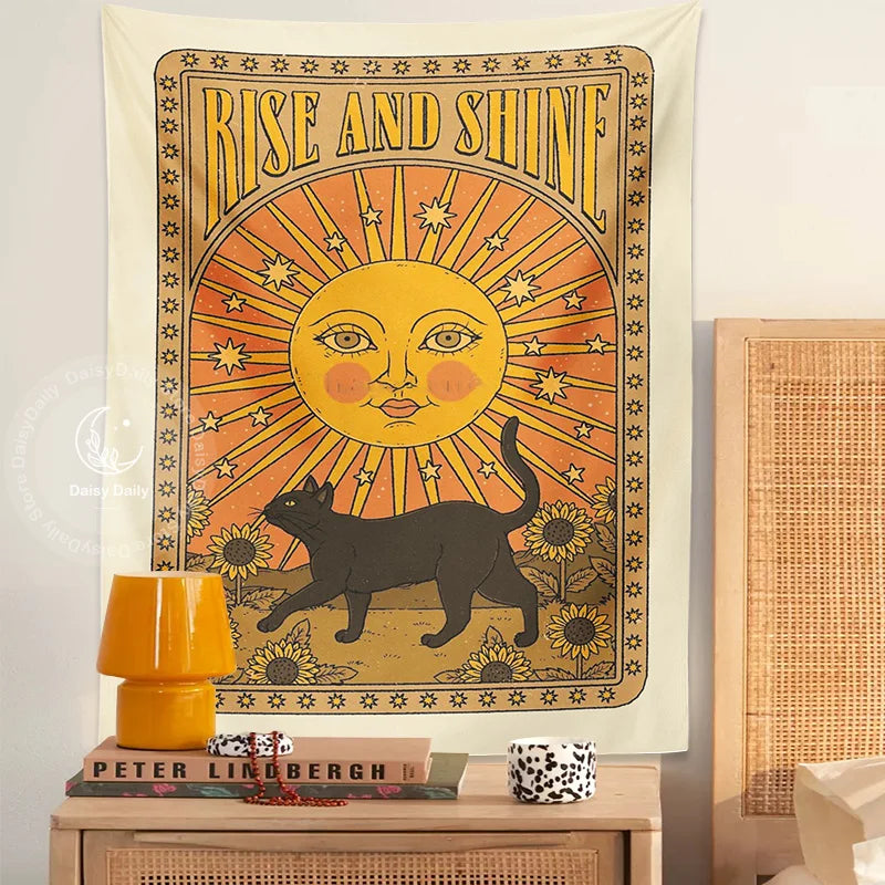 Sun Cat Tarot Tapestry by Afralia™: Vintage Boho Wall Art for Witchcraft and Hippie Decor