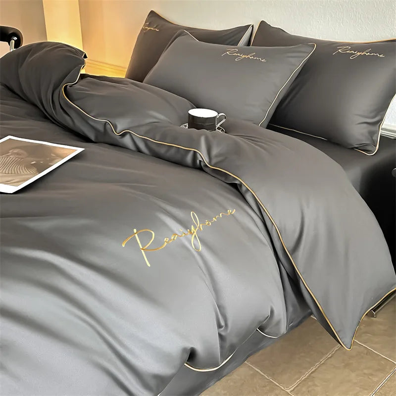 Afralia™ Pure Cotton Luxury Embroidery Bedding Set - Nordic Solid Color Duvet Bedclothes