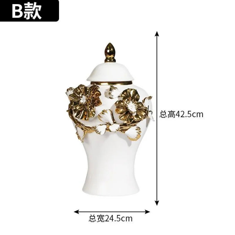 Afralia™ Floral Relief Ceramic Storage Jar - Golden Pot Vase