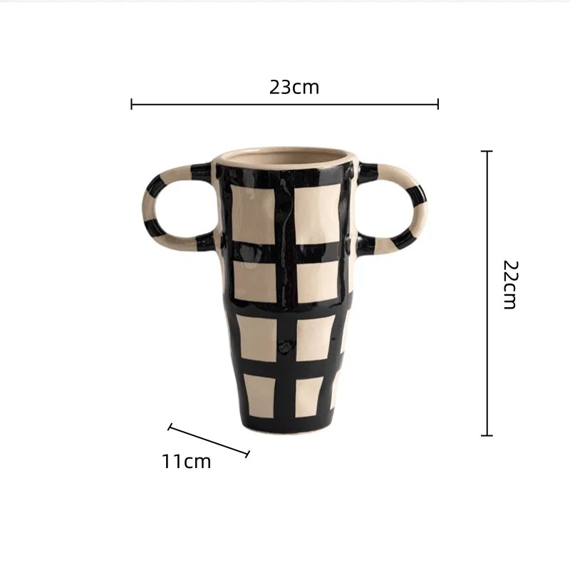 Afralia™ Geometric Check Pattern Ceramic Vase with Handle for Home Decoration