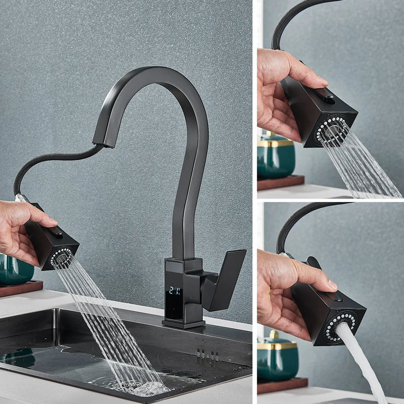 Afralia™ Black Brass Kitchen Faucet with Digital Temperature Display & Dual Water Sprayer